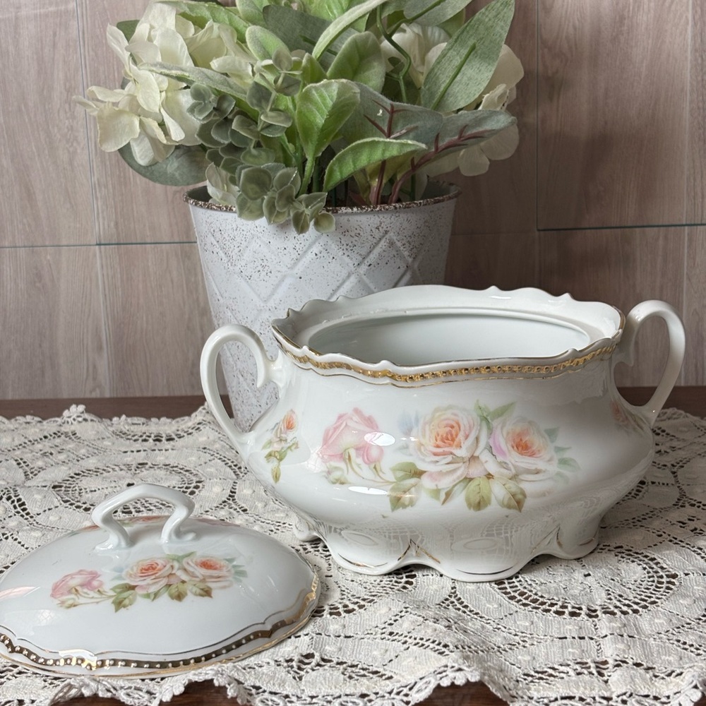 Vintage Antique P.K. Silesia Rose Porcelain Cracker Jar with Lid or Serving Dish - Picture 7 of 9